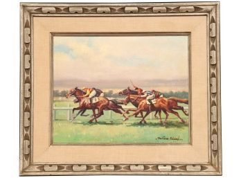 Vintage Horse Racing Scene Oil On Canvas Artist Signed