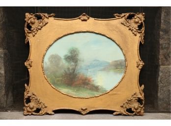 Oil Painting Landscape Of Lake In Gold Frame