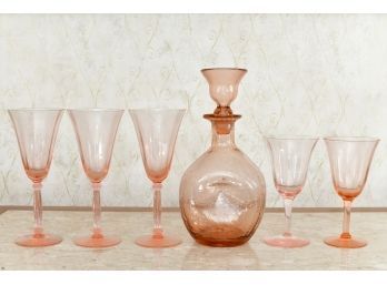 Pink Depression Wine Glass With 5 Glasses
