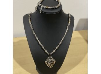 Silver-tone  With Gold Necklace & Bracelet Set