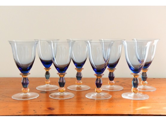 Eight Bohemian Blue Glass Goblets