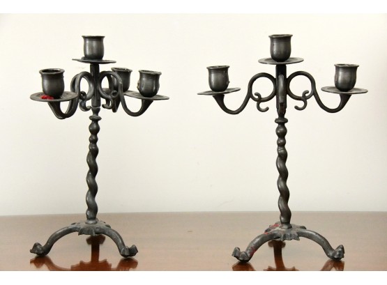 Two Spanish Pewter Twisted Candelabras