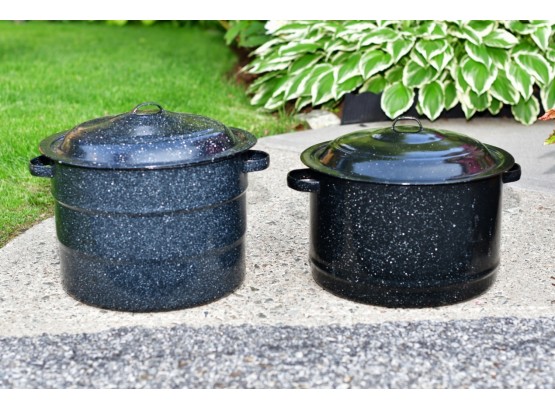 Two Black Speckleware Pots
