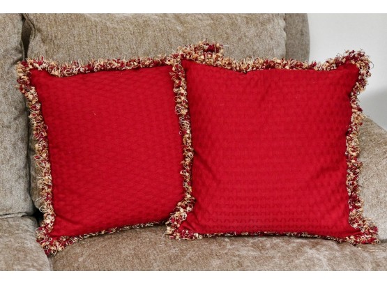 Pair Of Red Frilled 18 X 18 Throw Pillows
