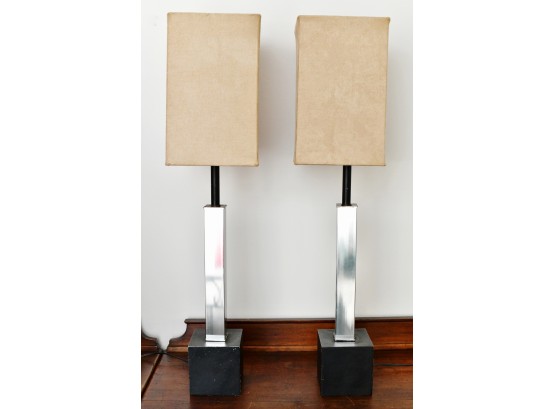 MCM Chrome And Metal Base Lamps With Suede Shades