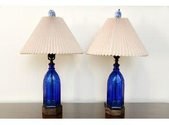 Rare Bespoke Antique Cobalt Blue Carter's Ink Glass Bottle Table Lamps
