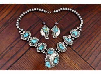 Sterling Silver Turquoise Squash Blossom Necklace And Earrings