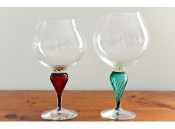 Two Swirl Murano Glass Stem Brandy Glasses