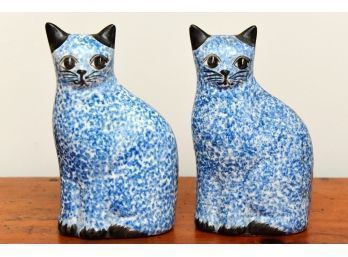 Pair Of Blue And White Cast Ceramic Cat Figurines