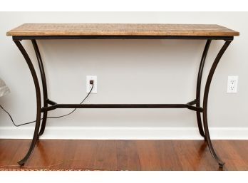 Distressed Wood Plank  Top Console Table With Wrought Iron Base