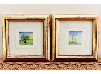 Pair Of Small Signed Works In Gold Frames