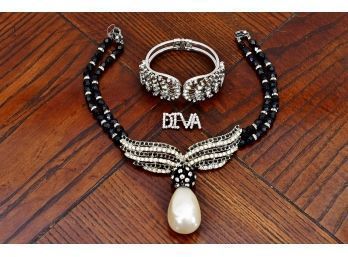 Vintage Richard Serbin Rhinestone Necklace With Large Faux Pearl, Hinged Rhinestone Bracelet, Diva Pin