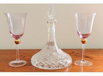 Ship's Decanter With Pair Of Cranberry Glass Goblets