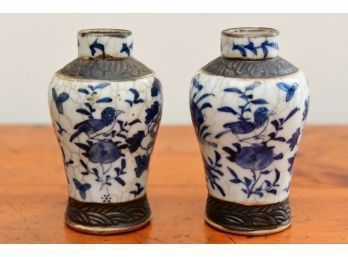 Small Pair Of Blue And White Vases/urns