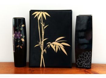 Black Lacquer Asian Trio - Two Vases And Storage Box
