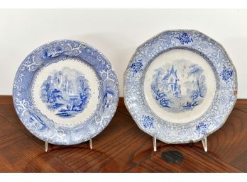 Two Blue And White Old English Davenport And Challinor Round Plates