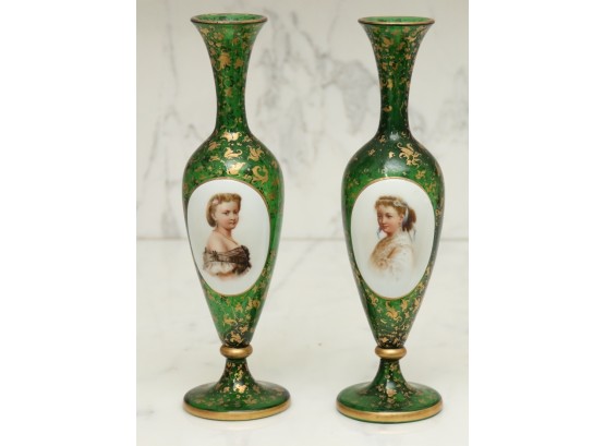 Pair Of Green And Gold Cameo Vases