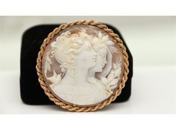 Large Cameo Brooch Pendant Surrounded In 14k YG