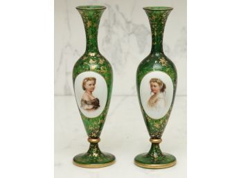 Pair Of Green And Gold Cameo Vases