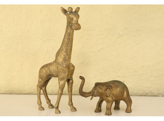 Brass Giraffe And Elephant Figurines