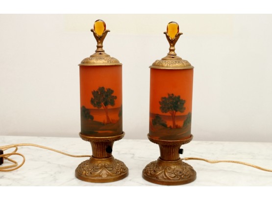 Pair Of Glass Lamps With Amber Finial