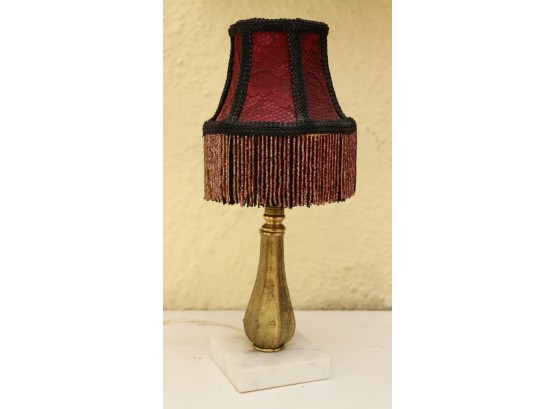 Beaded Drop Fringed Shaded Brass Lamp On Marble Brass