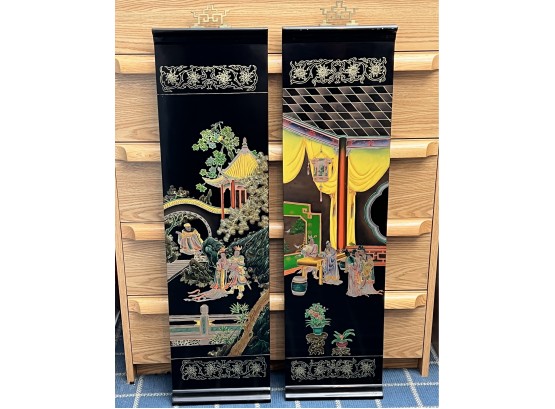 Two Black Lacquer Asian Wall Panels