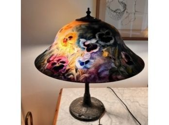Ulla Darni Signed Original Reverse Painted Pansy Floral Boudoir Lamp