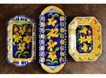Set Of Three Yellow And Blue Ceramic Serving Platters