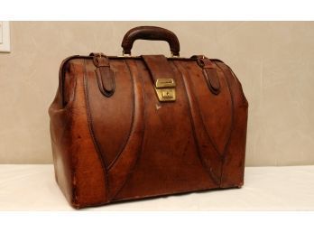 1930s Vintage Leather Overnight Bag With Solid Brass Locks