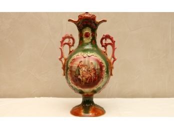Hand Painted Strasburg Ware  Victorian Green And Red Vase