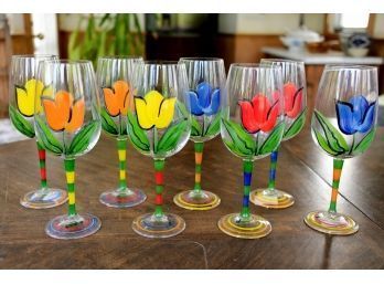 Set Of 8 Godinger Hand Painted Wine Glasses Lot 1