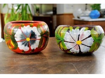Set Of Two Hand Painted Clay Pots From Mexico