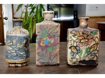 Set Of Three Antique Hand Painted Vases