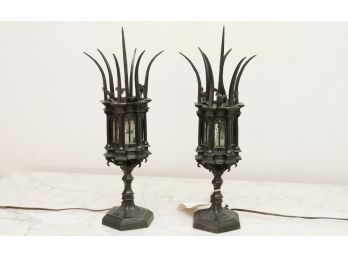Gothic Pair Of Antique Cast Iron Lamps