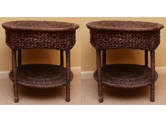 Pair Of Round Wicker Two Tier Side Tables