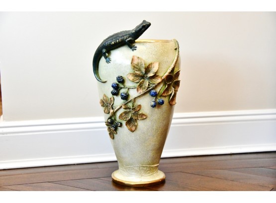 Antique Majolica Vase With Lizard And Floral Motif