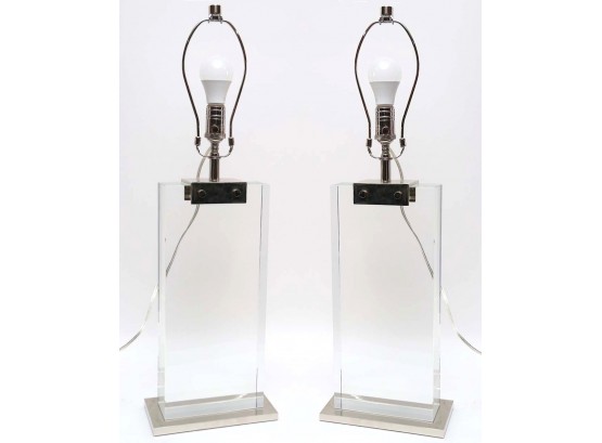 Pair Of Restoration Hardware Rectangular Column Heavy Glass Prism Table Lamps Retail $995 Each