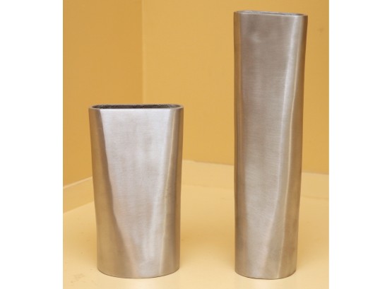 Pair Of West Elm Brushed Silver Vases