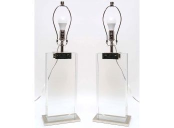 Pair Of Restoration Hardware Rectangular Column Heavy Glass Prism Table Lamps Retail $995 Each