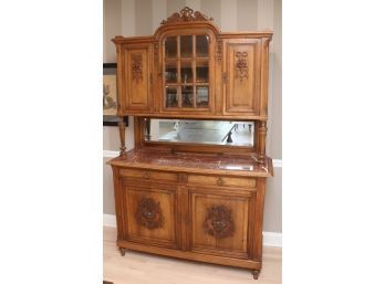 Antique Carved Oak French Buffet Hutch With Marble Top