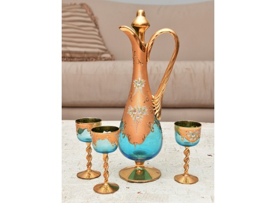 Turquoise Bohemian Glass Decanter With Matching  Glasses