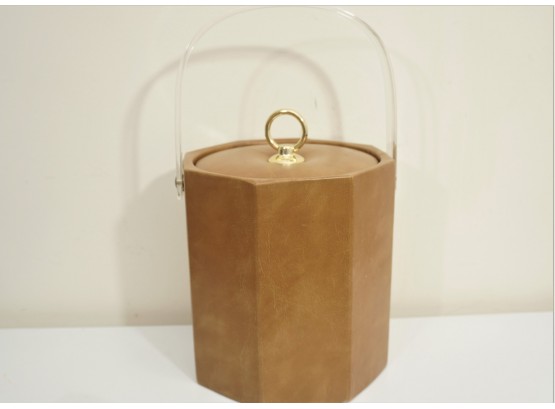 Vintage Mid-Century Retro Ice Bucket W/ Faux Leather Wrapping And Lucite Handle