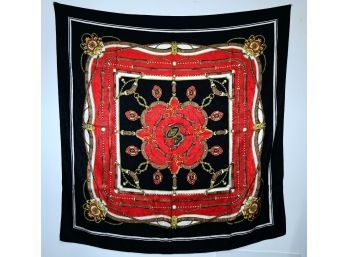 Luxury French Red And Black Silk Scarf In The Style Of Hermes