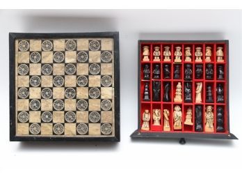 Asian Carved Figurine Chess Set With Hidden Piece Drawer