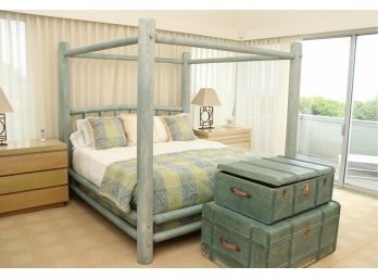Distressed Sea Foam Green Four Poster Canopy Painted Log Bed Mattress Not Included