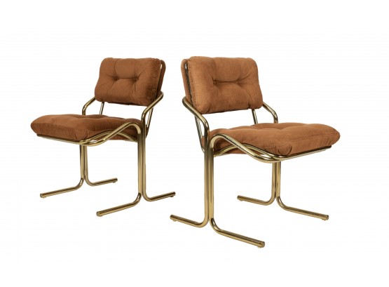 Pair Mid Century Modern MCM Brass & Upholstered Chairs