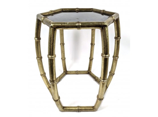 BRASS TONE FAUX BAMBOO SIDE TABLE. Acid Mirror Washed Top