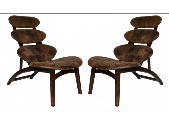 Pair Retro Accent Chairs In Elm Wood And Chocolate Microfiber