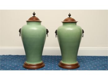 Pair Of Porcelain Celadon Covered Jars